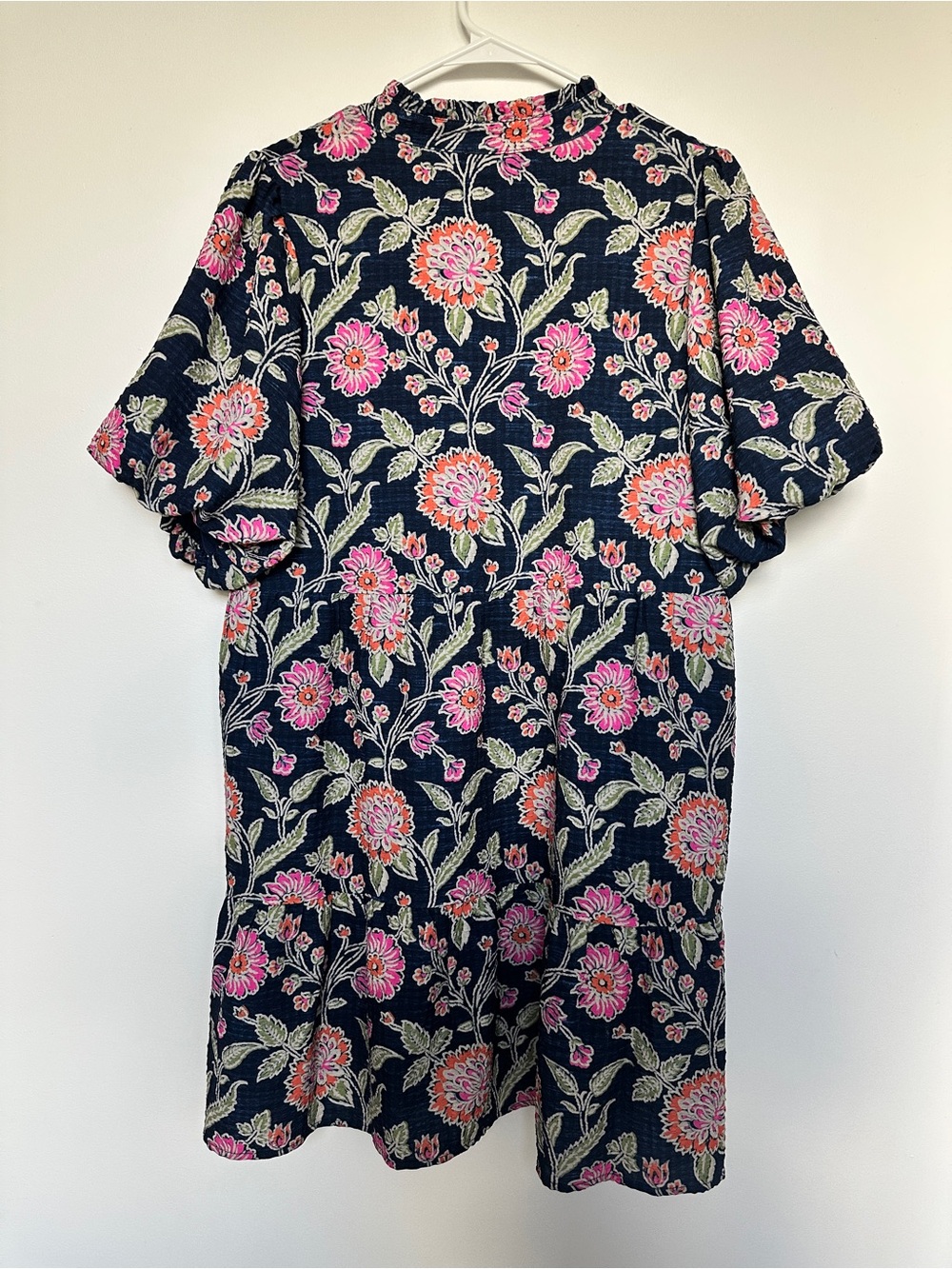 THML Navy Floral Tiered Puff Sleeve Dress with Pink and Orange Blooms - Picture 10 of 12